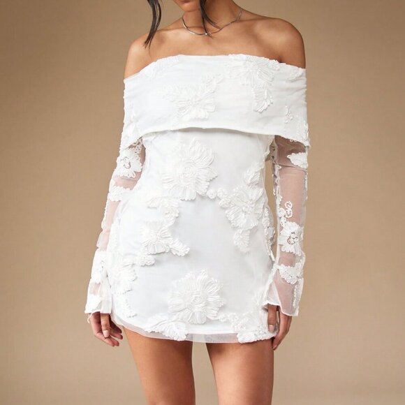 White Elegant Womens Embroidered Off Shoulder Long Sleeve Mini Bardot Dress - Picture 1 of 7